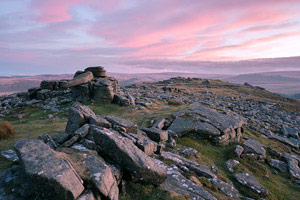 Lovely pink clouds after sunset over Belstone Tor, Dartmoor