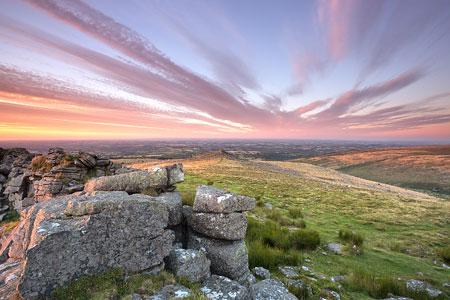 Dusky sunset over Belstone Tor, Dartmoor