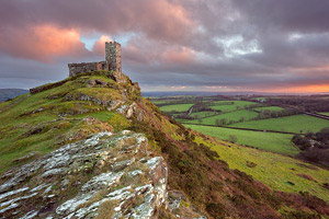 Dusky pink sunset over Brentor Church, Dartmoor