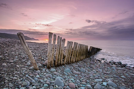 Beautiful pink sunset on Bossington Beach, Exmoor